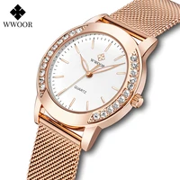 wwoor 2021 new luxury rose gold women watches fashion diamond ladies dress watch female casual mesh steel wristwatch reloj mujer