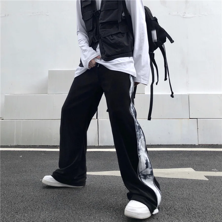 

2021 Autumn Winter New Korean Style Ins Student High Street Zipper Tie-Dyed Velvet Stitching Sports Casual Pants Men and