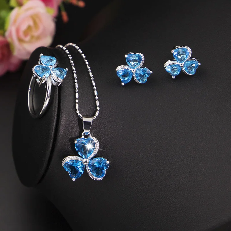 Sky Blue Zircon Silver 925 Costume Jewelry Set For Women Stud Earrings Ring Necklace Bracelet Bridal Fast Ship | Украшения и