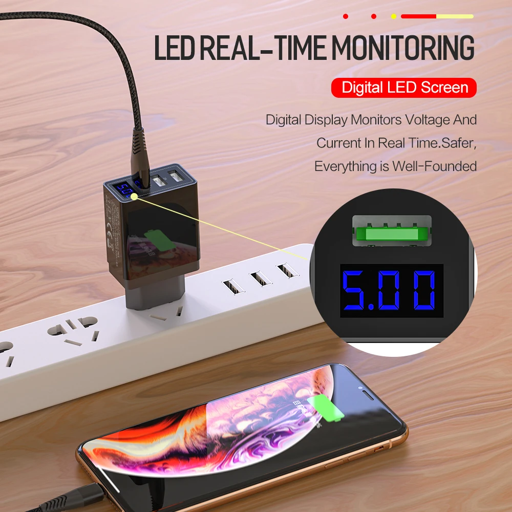 ROCK QC 3,0 30 Вт 3 USB зарядное устройство для быстрой зарядки телефона светодиодный дисплей для iPhone Xiaomi samsung huawei 3 порта Быстрый Настенный адаптер Turbo
