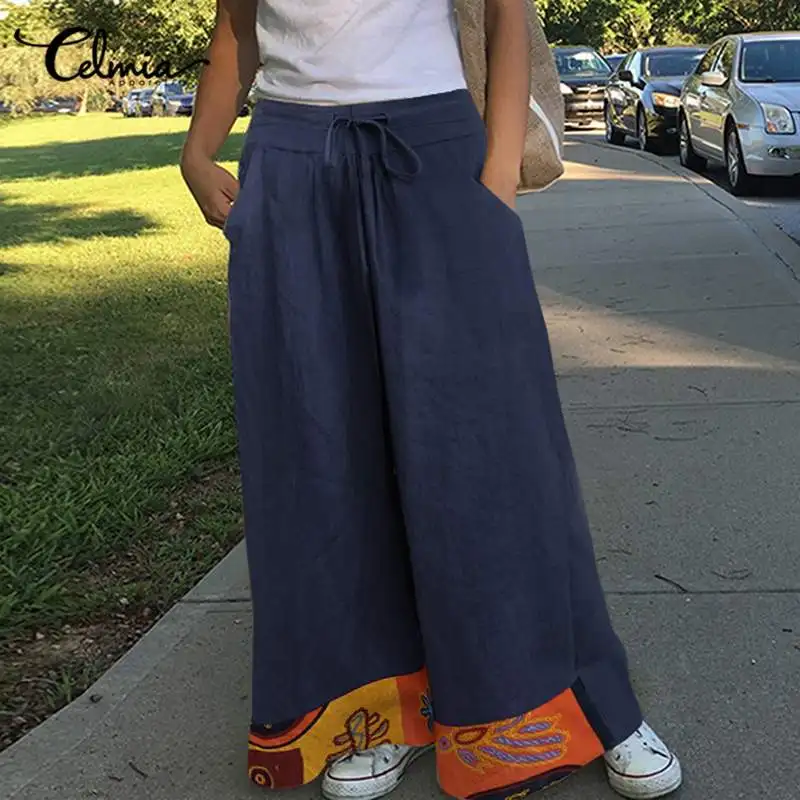 

Celmia Vintage Long Trouser Women Wide Leg Pants 2021 Fashion High Elastic Waist Print Patchwork Pantalon Casual Loose Femininas