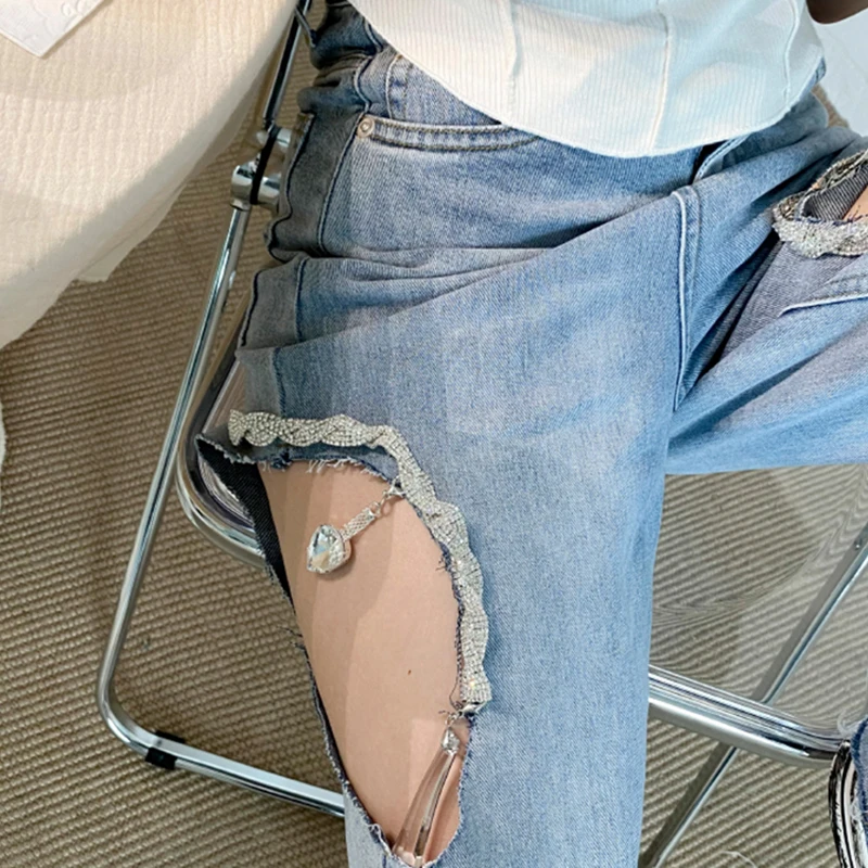 

TWOTWINSTYLE Hollow Out Denim Pants For Female High Waist Wide-legged Straight Trousers Side Slip Women's Casual Pants Fashion