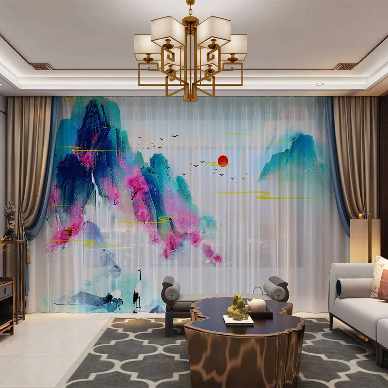 Шторы с изображением гор и пейзажа в китайском стиле занавески из натуральной