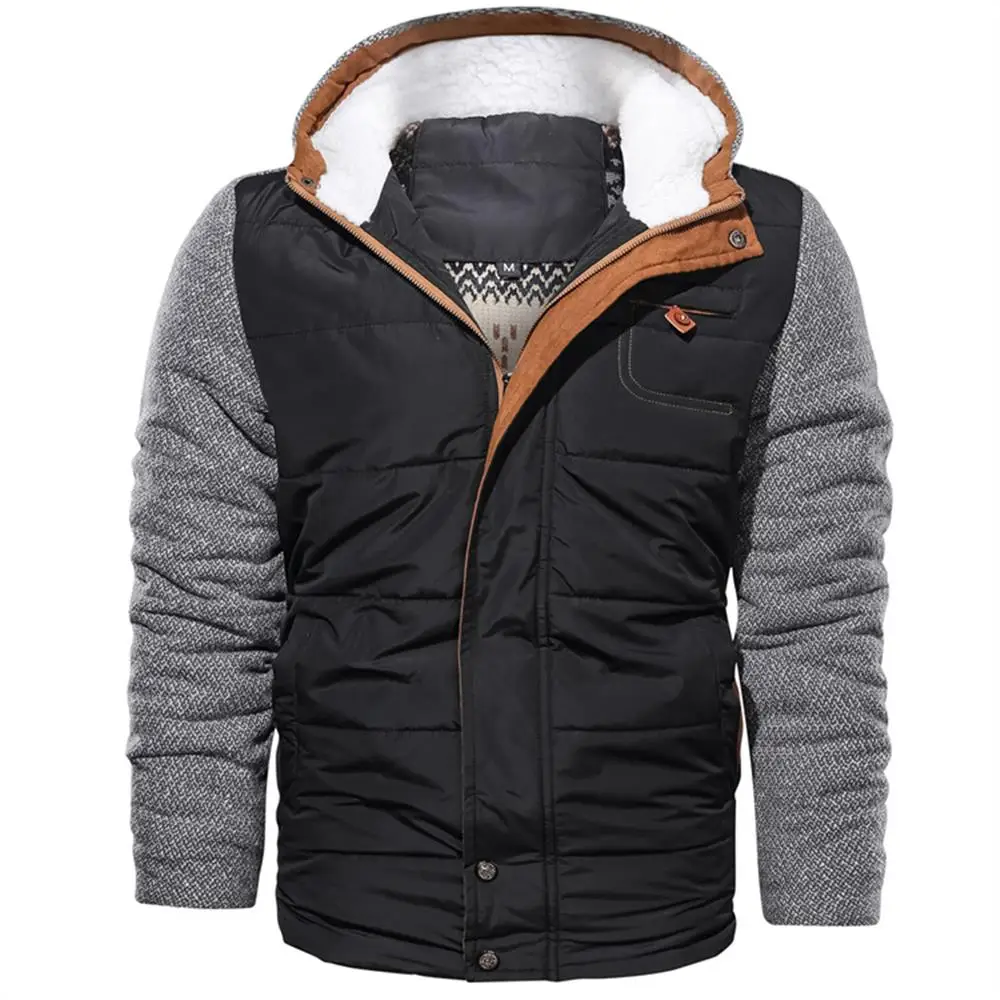 

Patchwork Jacket Winter Autumn Warmer Casual Coat Thick Hooded Zip Up Jackets Color block Men's Outwears