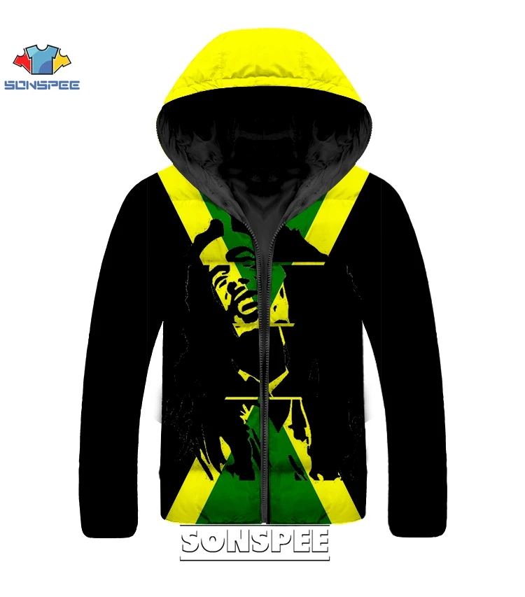 SONSPEE Hot Bob Marley Reggae Singer Harajuku 3D Print Hip hop Down Jacket Men women Funny Winter Warm Streetwears Jacket Female