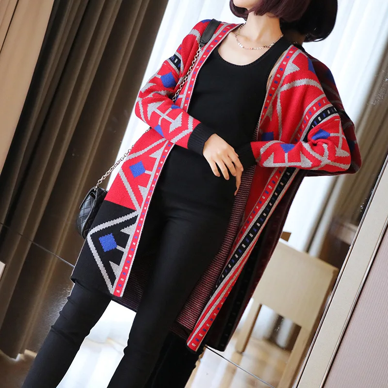 

Retro print cardigan jacket female 2019 new long section of women's long-sleeved sweater loose sweater