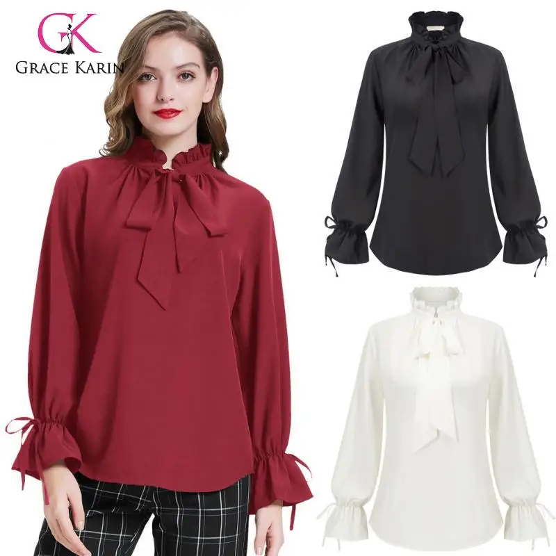 Grace Karin Женская винтажная рубашка с оборками Топ длинным рукавом галстук-бабочка