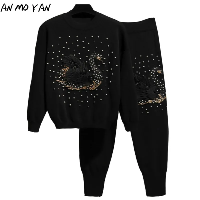 New Ladies Set Autumn Fashion Temperament Animal Embroidery Beaded Sequins Casual High-quality Elastic Waist Two-piece Suit
