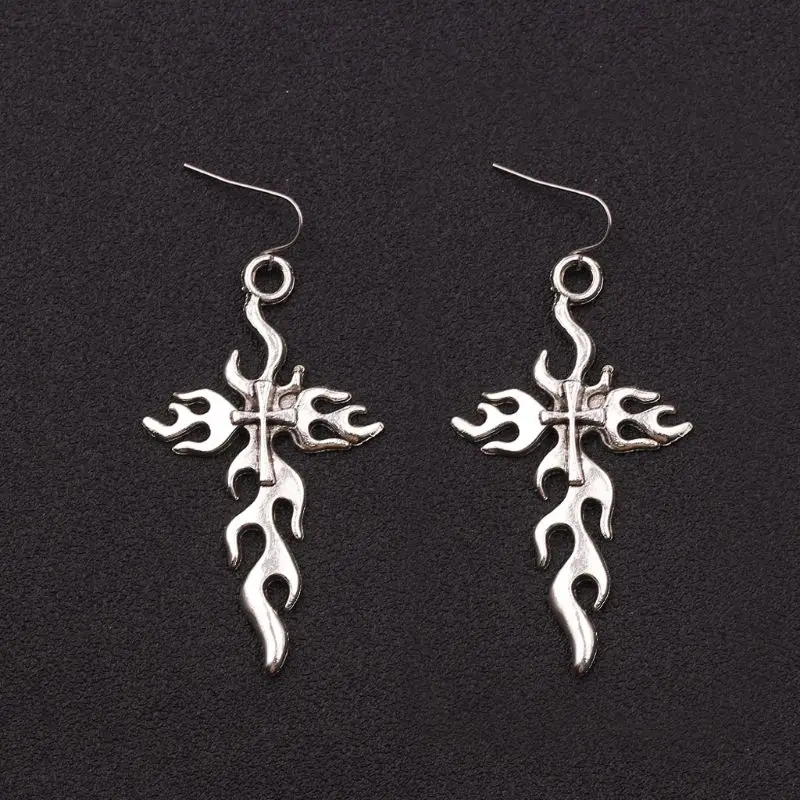 

Streetwear Punk Rock Flame Shape Drop Earrings Biker Cross Fire Blaze Lock Chain Dangle Earrings Fashion Jewelry Women