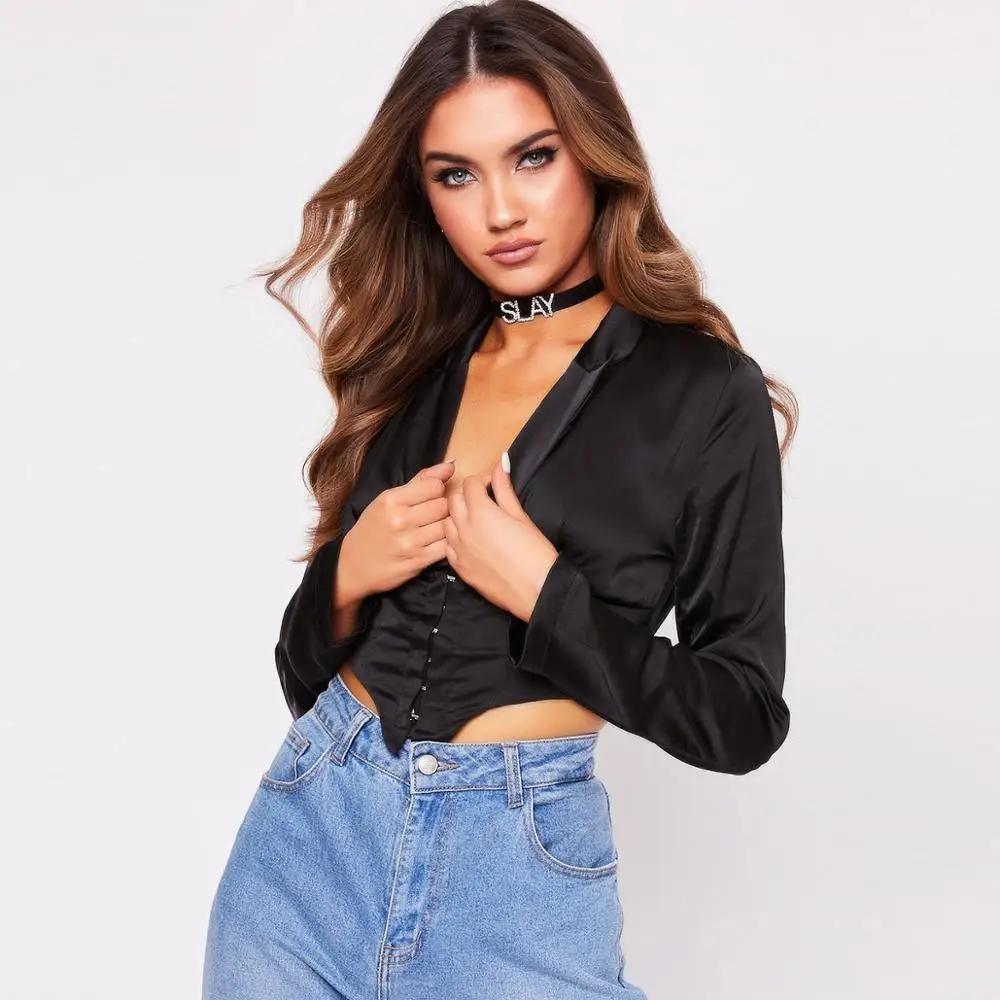 Короткий топ с длинными рукавами для женщин отложным воротником сексуальные
