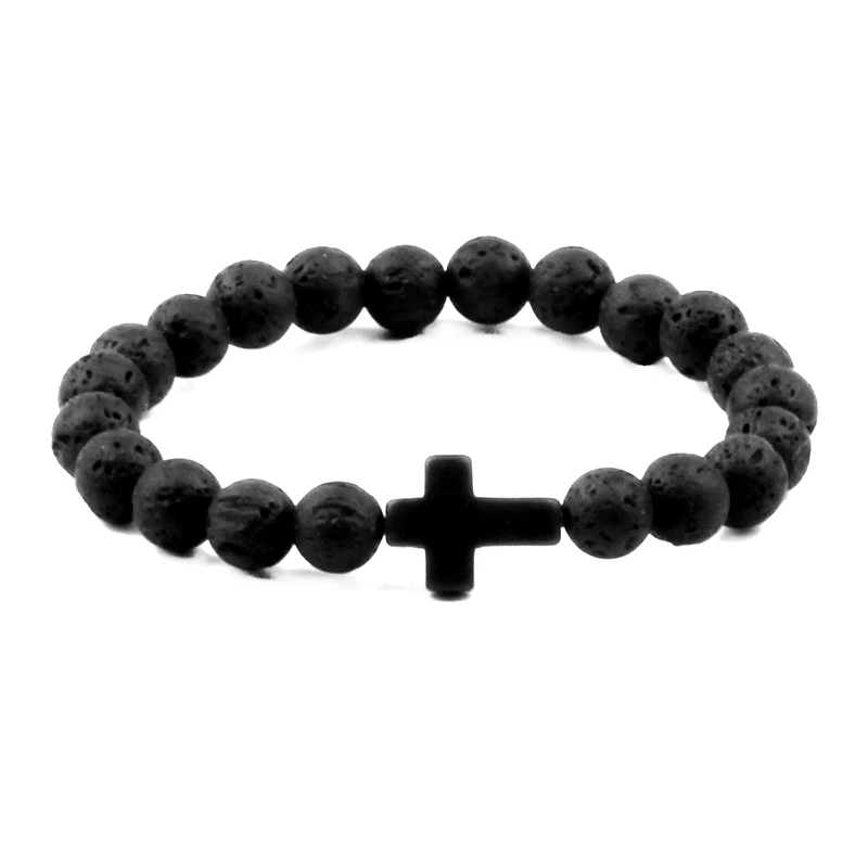 Очаровательный натуральный камень браслет крест черный Лава украшенный бисером