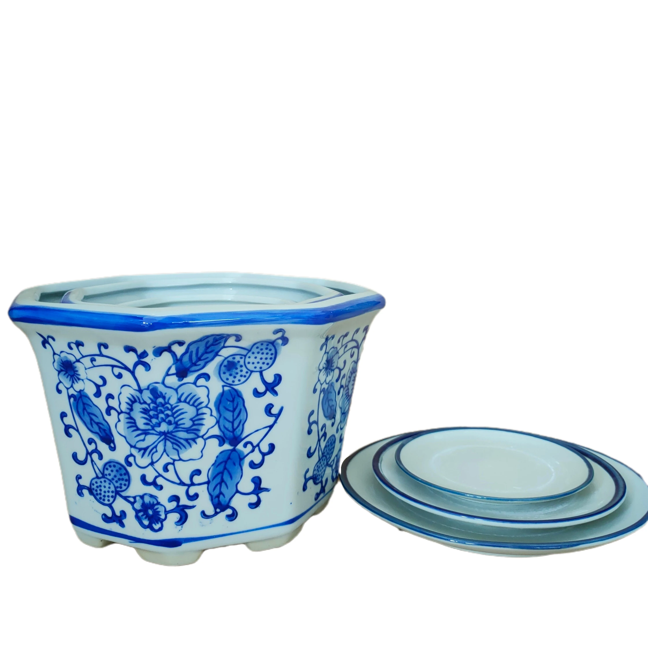 

Classical Hand Paint Flower Design Ceramic Planter Blue and White Porcelain Flower Pot Set of 3