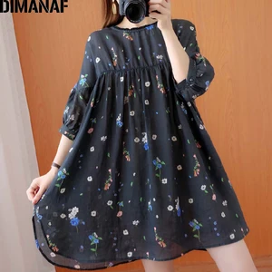 Женская Повседневная Блузка DIMANAF, элегантный хлопковый топ-туника с цветочным принтом, свободная плиссированная блузка в стиле оверсайз на осень