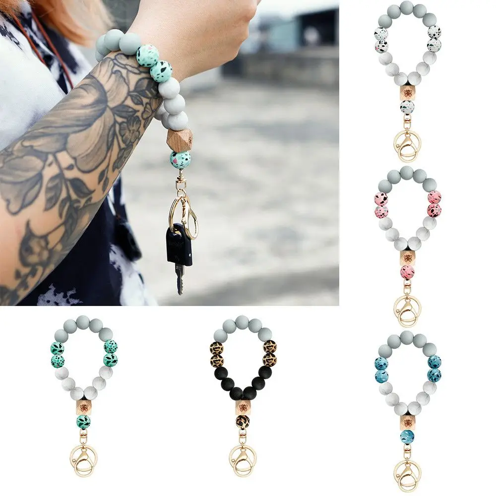 

Friends Gift Silicone Car Keys Wood Bracelet Wrist Keychain Key Ring Beaded Bangle