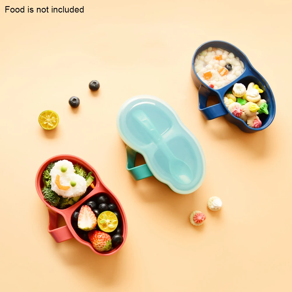 

Feeding Bowl Portable 2 Compartments Baby Eating With Spoon Lid Easy Clean Unbreakable Kids Dinner Non Slip Dish Tableware