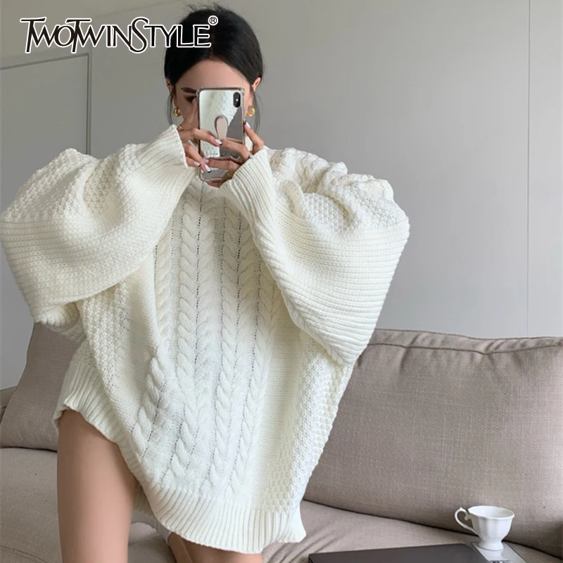 

TWOTWINSTYLE Casual Knitting Sweater For Women Round Neck Loose Fitting Long Sleeve Plain Pullovers Female 2021 Autumn Clothing