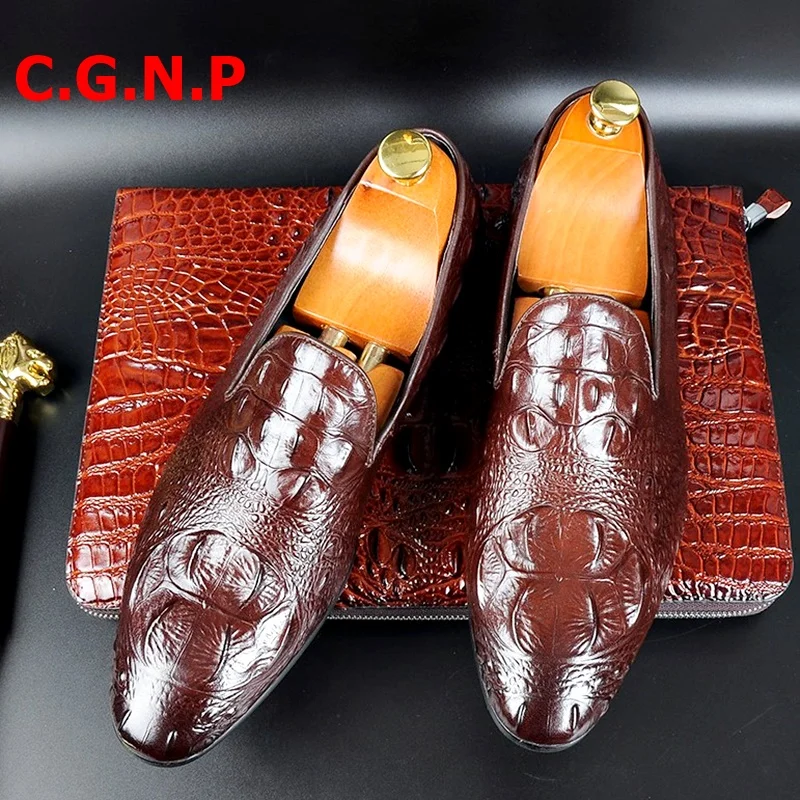 online C.g.n.p Estilo Britânico Padrão De Crocodilo Mocassins Couro Genuíno Sapatos Masculinos Verão Deslizamento Em Sapatos De Vestido Artesanal Para Homens Apartamentos