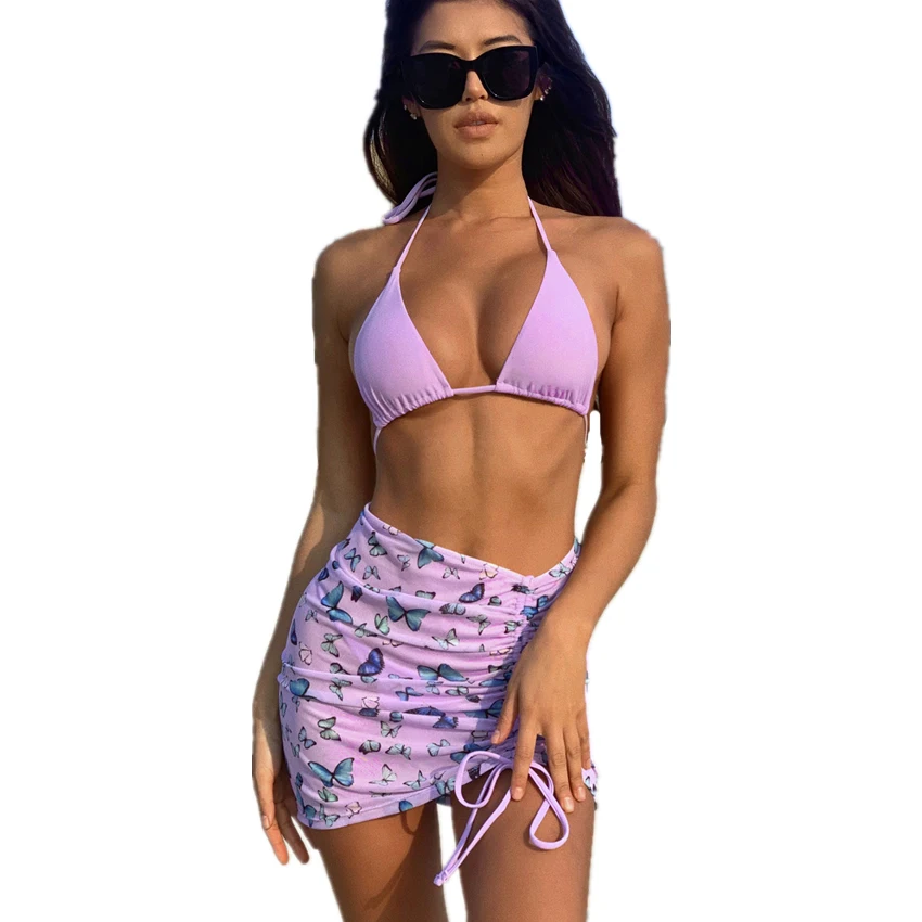 

Summer Women's Swimsuit V Neck Soft Young Style Butterfly Printed Beach Wear Sexy High Cut Bathing Suit Three Pieces Bikini Set
