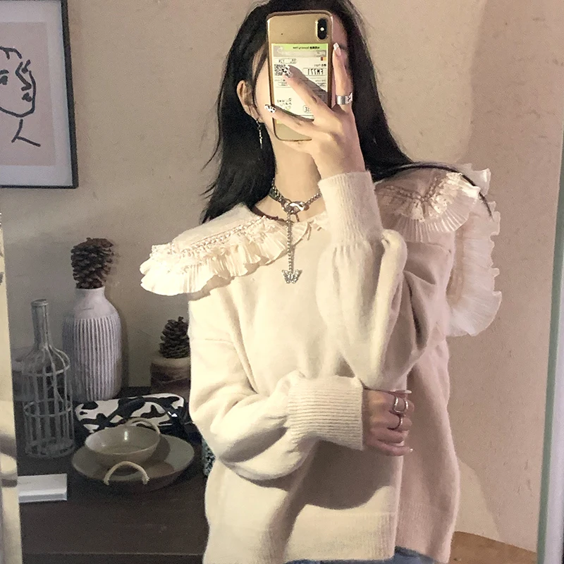 

Film quality sweet doll minus age splicing lace collar knit sweater coat lapels