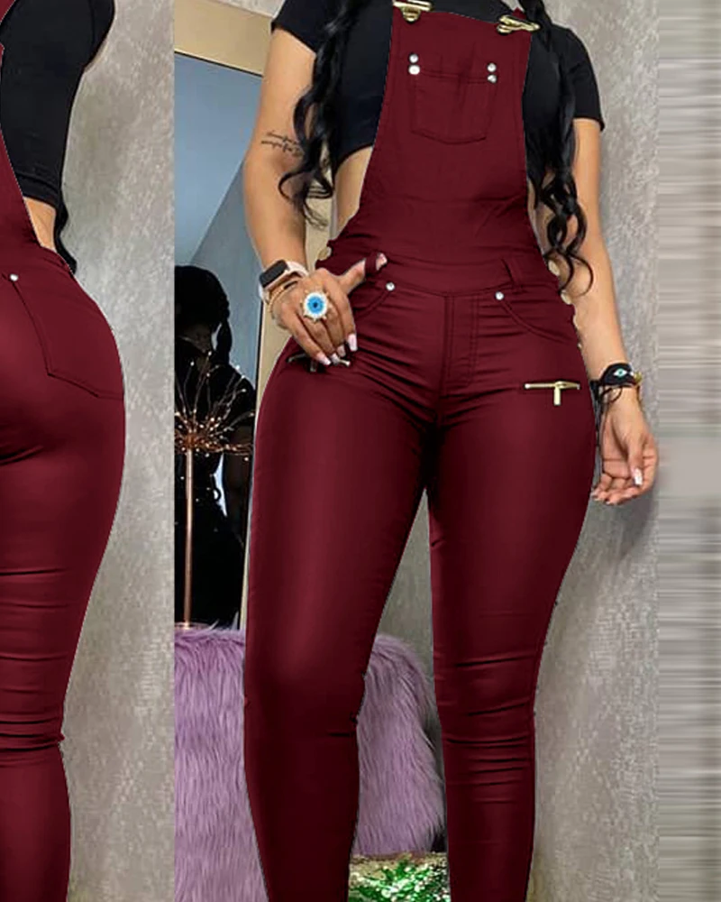 

Women Fashion Buckled Zipper Design PU Suspender Jumpsuit