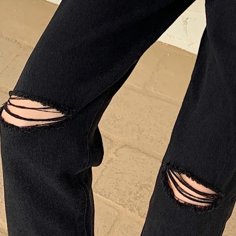 

Jeans Women Elastic Waist Lovely Flower Embroidery Ripped Cute Retro Chic Daily Plus Size Ankle-length Straight Trousers Womens