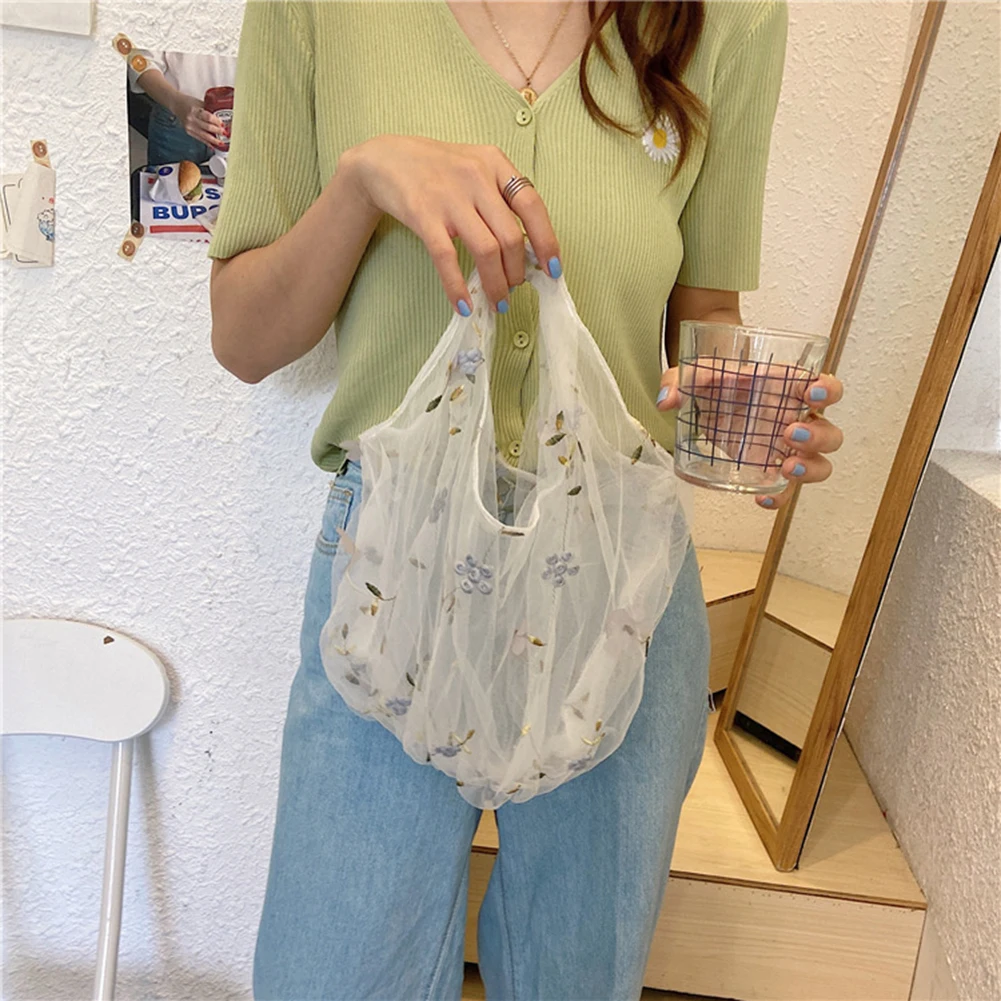 

Women Transparent Yarn Tote Bag Elegant Embroidery Flowers Street Handbag Cute Flower Tulle Fruit Bag Purse Shopping Bag