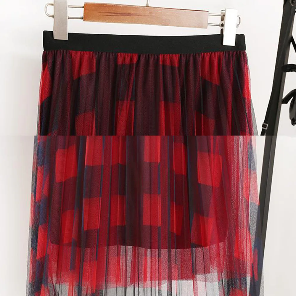 

Summer Autumn Women Vintage Plaid Long Skirts High Waist Loose Mesh Harajuku Tulle A-Line Mid-Calf Skirts Female