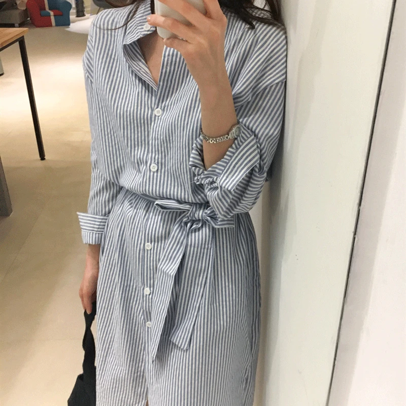 Женское свободное однобортное платье в полоску Элегантное повседневное с