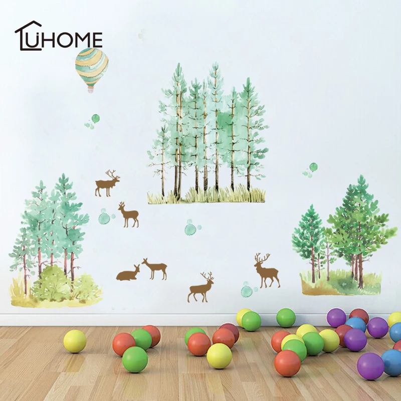 

Cute Animal Live In Your Home DIY Elk Green Tree Wall Stickers Home Decor Jungle Forest Theme Wallpaper Gift for Kids Room Decor