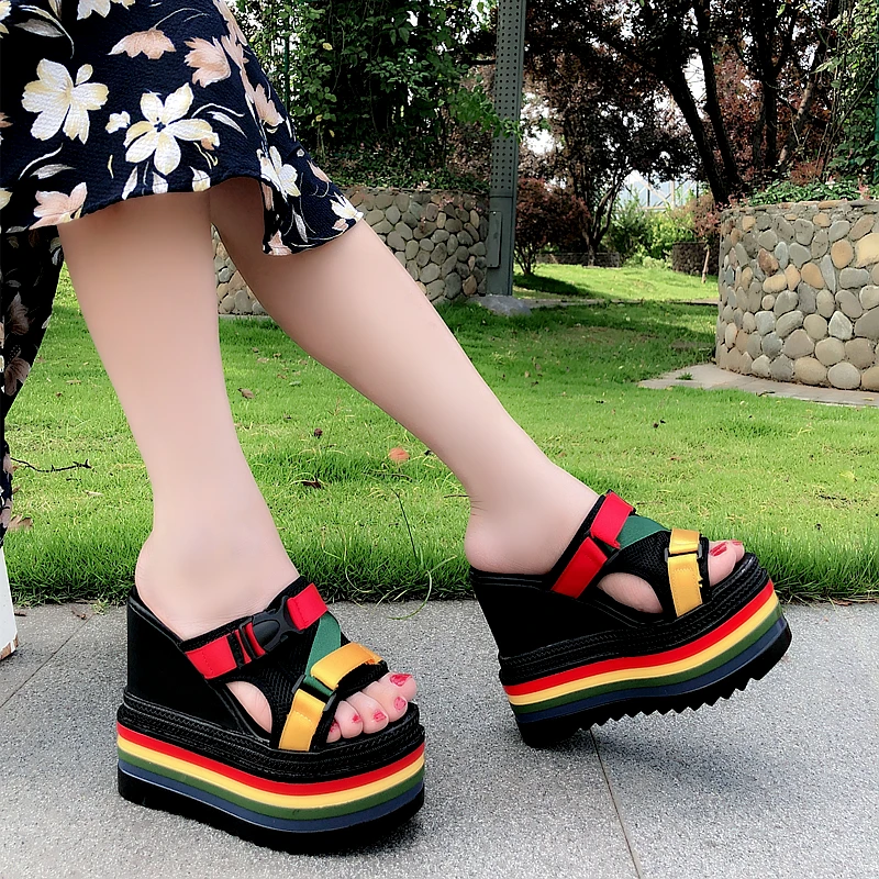 

Women's Summer Shoes 14cm Woman Rhinestone Flip Flops Spuer High heels Wedges Platform Fashion Beach Sandals Zapatos Mujer