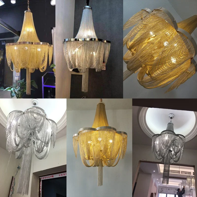 Lámparas plateadas modernas para sala de estar, candelabro de lujo con flecos dorados, luces de borlas de aluminio para dormitorio y cocina