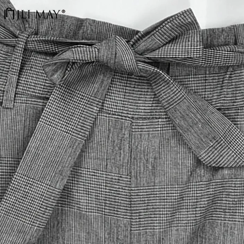 

JLI MAY Striped Pencil Pants Women Elastic Waist Skinny Casual Office Sashes Pockets Clothes Summer Autumn Ankle-Length Pants