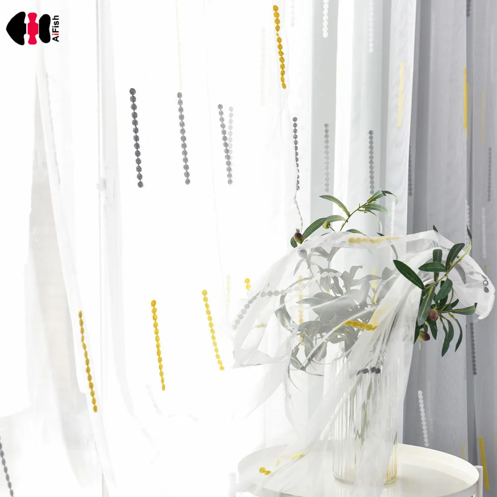 Желто серые шторы в мелкий горошек из вуали для спальни гостиной пасторальные