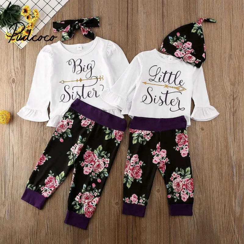 

3Pcs Newborn Clothes Baby Girls Clothing Set Casual Little Sister Bodysuit Big Sister T-shirt Tops+Floral Pants Infant Outfits
