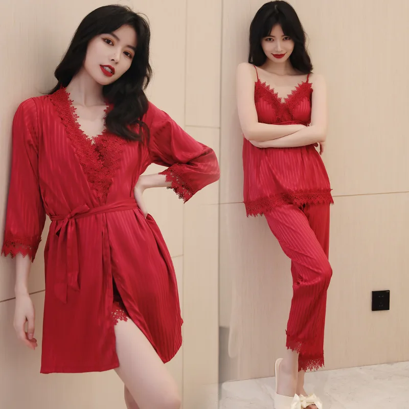 

LACE Pajamas Sets Women Outfits Stripe Pj's Satin Summer Ice Silk Pyjamas Pour Femme Sleepwear Home Wear With Pants&Breast Pads