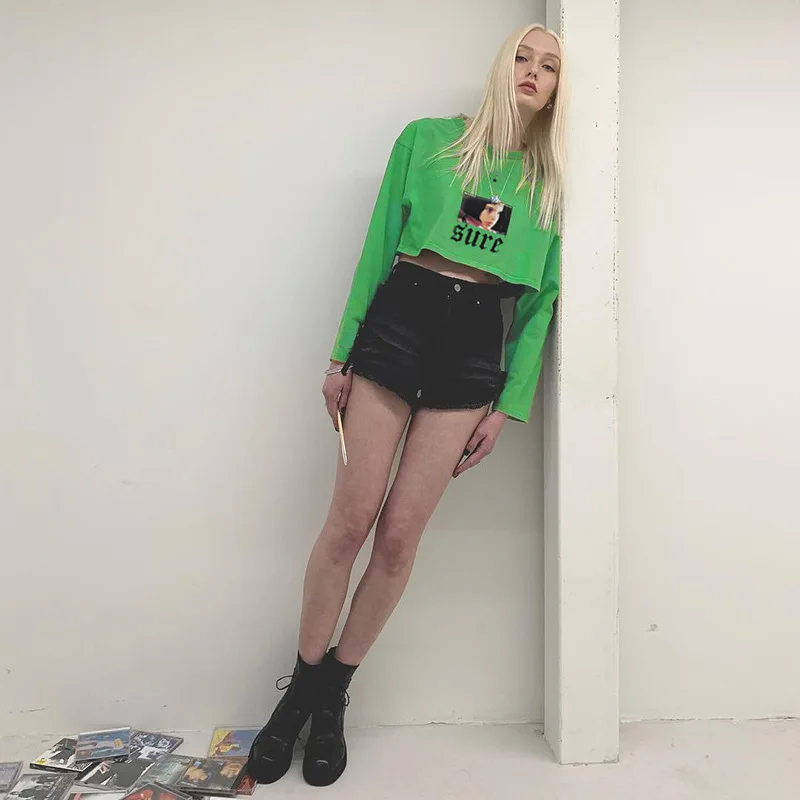 BOOFEENAA/зеленый Укороченный свитшот с капюшоном и принтом головы для девочек