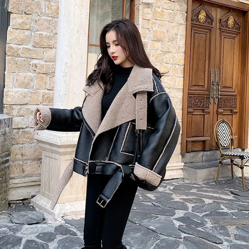 New Winter Plus Thick Velvet Leather Jacket  Female Fashion Motorcycle Streetwear Lamb Wool Fur Inner Big Lapel Jacket JD2198