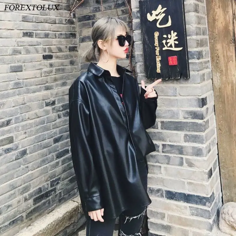 

Windproof PU Leather Oversize Blouses Women Fashion Raincoat Office Lady Shirts Female Elegant Long Sleeve Black Button Tops