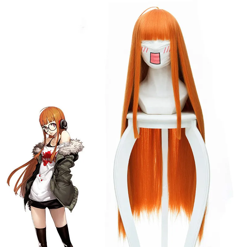Оранжевый длинный прямой парик Persona 5 Futaba Sakura для косплея термостойкие