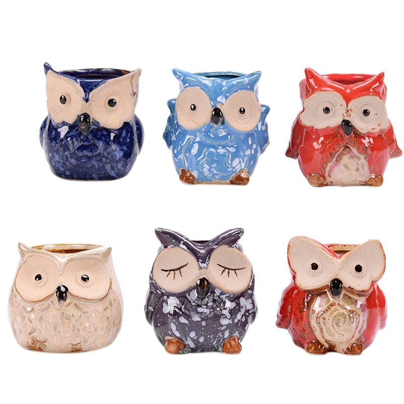 

6 Pcs Owl Pots,Little Ceramic Succulent Owl Planters With Drainage Holes Container Planter Bonsai Pots