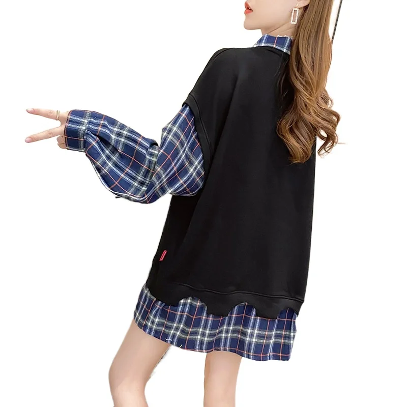 

Retro 2021 new fake two-piece sweater female Korean loose coat stitching college style wild top spring and autumn