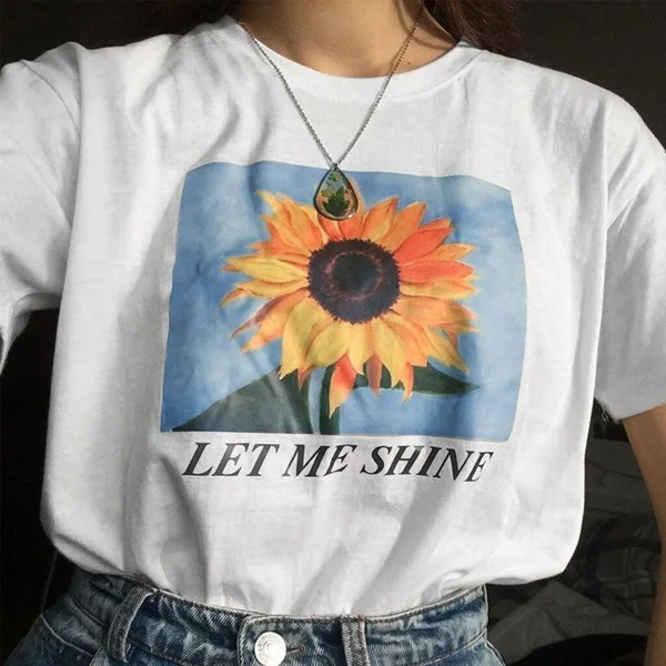 

Женская футболка с принтом подсолнуха и надписью «Let Me Shine», свободная, в стиле Харадзюку