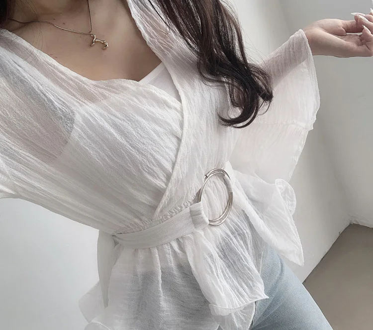 

2020 Women Office Lady Chiffon Blouse Spring Autumn New Solid V-Neck Flare Sleeve Sashes Slim Chic Wild Female Fashion Shirts
