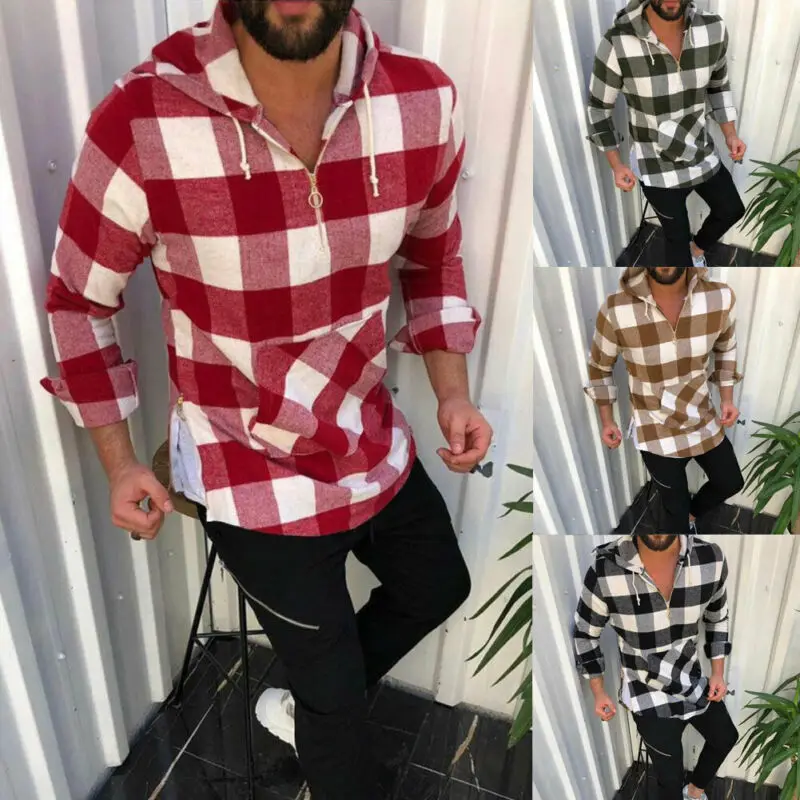 Camisa высокое качество мужские рубашки осень 2019 клетчатая рубашка с капюшоном