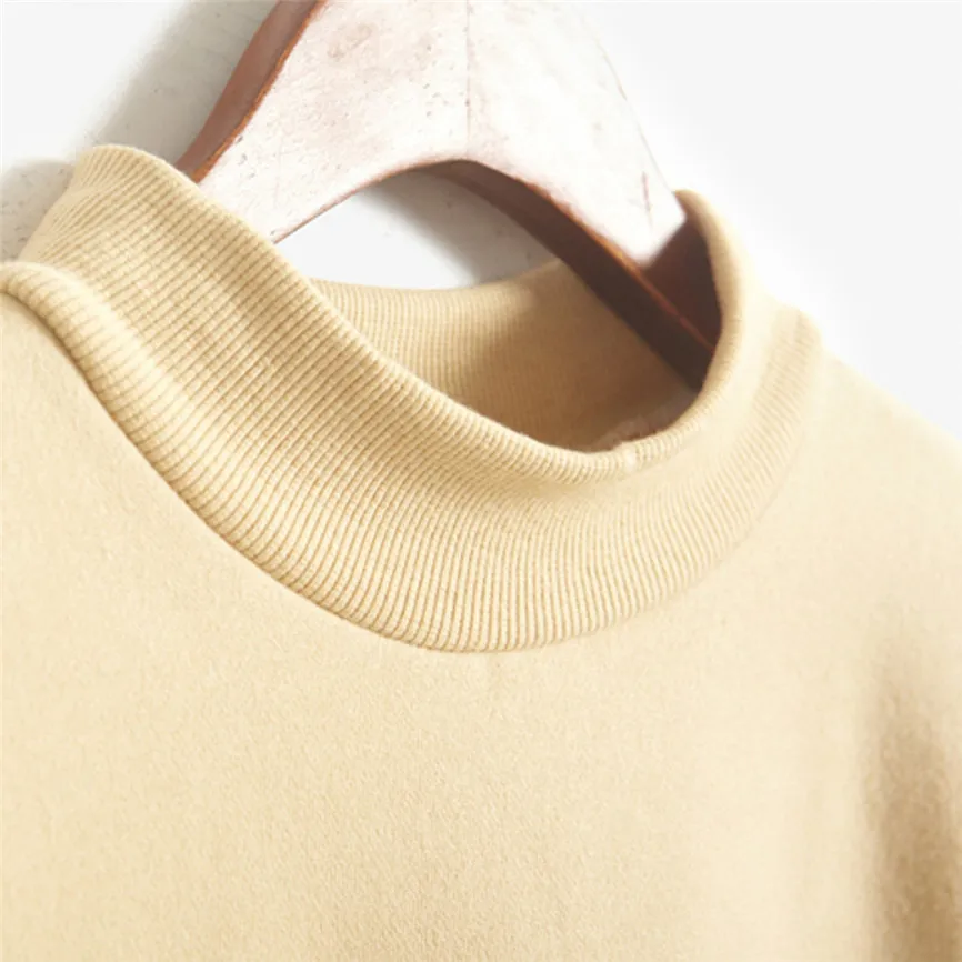 Зимняя свободная флисовая однотонная водолазка с круглым вырезом и длинным