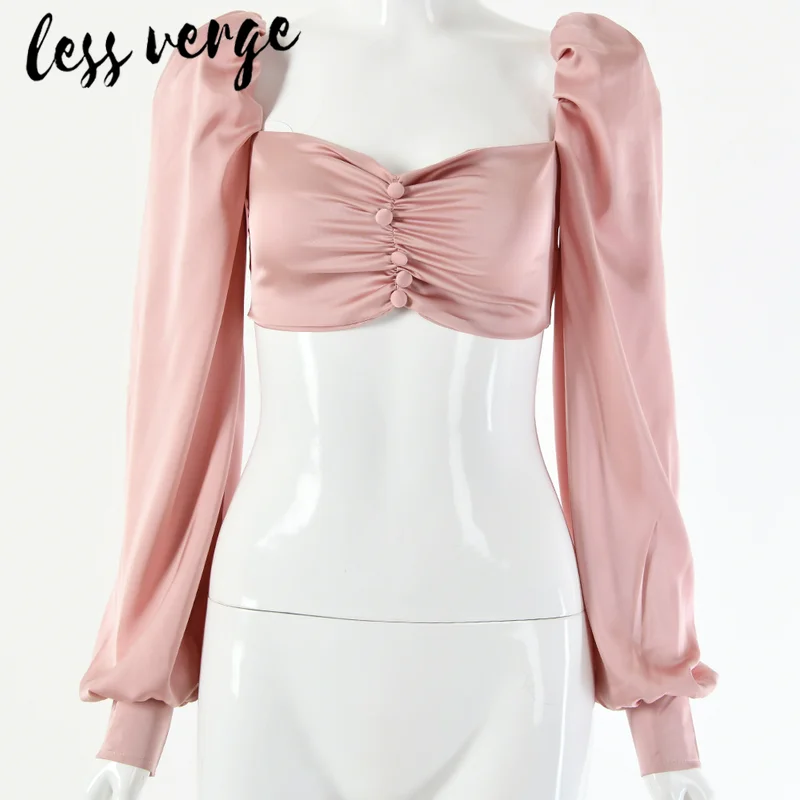 Lessverge розовая пикантная Короткая атласная блузка рубашка женская с пышными