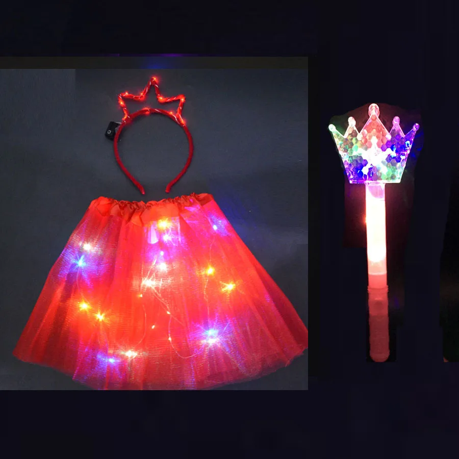 

Kids Adult LED Light Queen Princess Costume Cosplay Skirt Wedding Birthday Tiara Crown Headband Glow Party Christmas