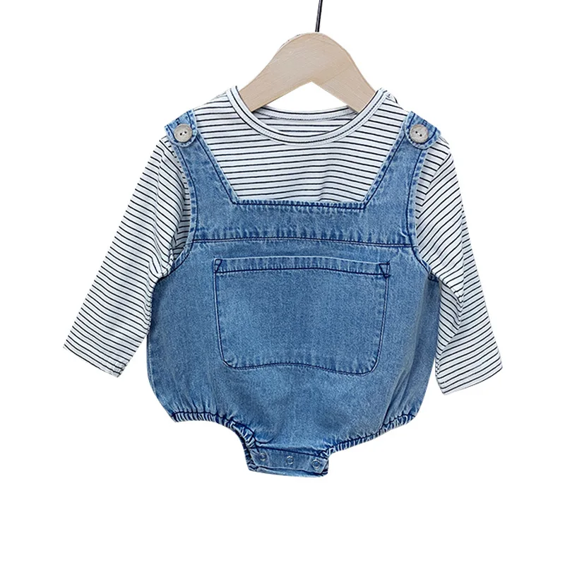 

7017 Newborn Baby Clothes 2021 New Spring Striped T-shirt + Denim Suspenders Pants Baby Girls Clothes Fashion Boys Outwear