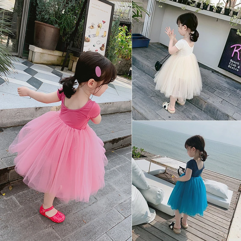 

EACHIN Girls Dresses Baby Grils Fashion Solid Short Sleeve Mesh Patchwork Dress Ball Gown Princess Party Dress Children Clothing