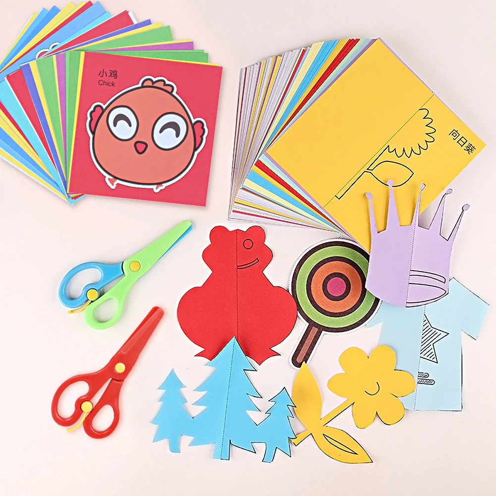 48pcs 96pcs Paper Cut Set Kids Cartoon Color Paper Folding And Cutting Toys/children Kingergarden Art Craft DIY Educational Toys 